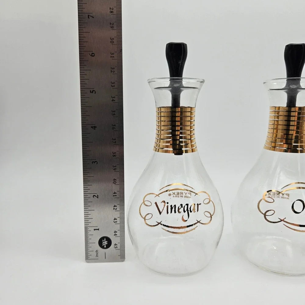 Vintage Pyrex Cruet Set Clear Gold Band Oil Vinegar Mid Century Modern Retro